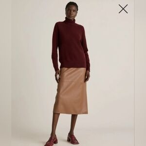 Quince Maroon Sweater and Camel Skirt Ensemble